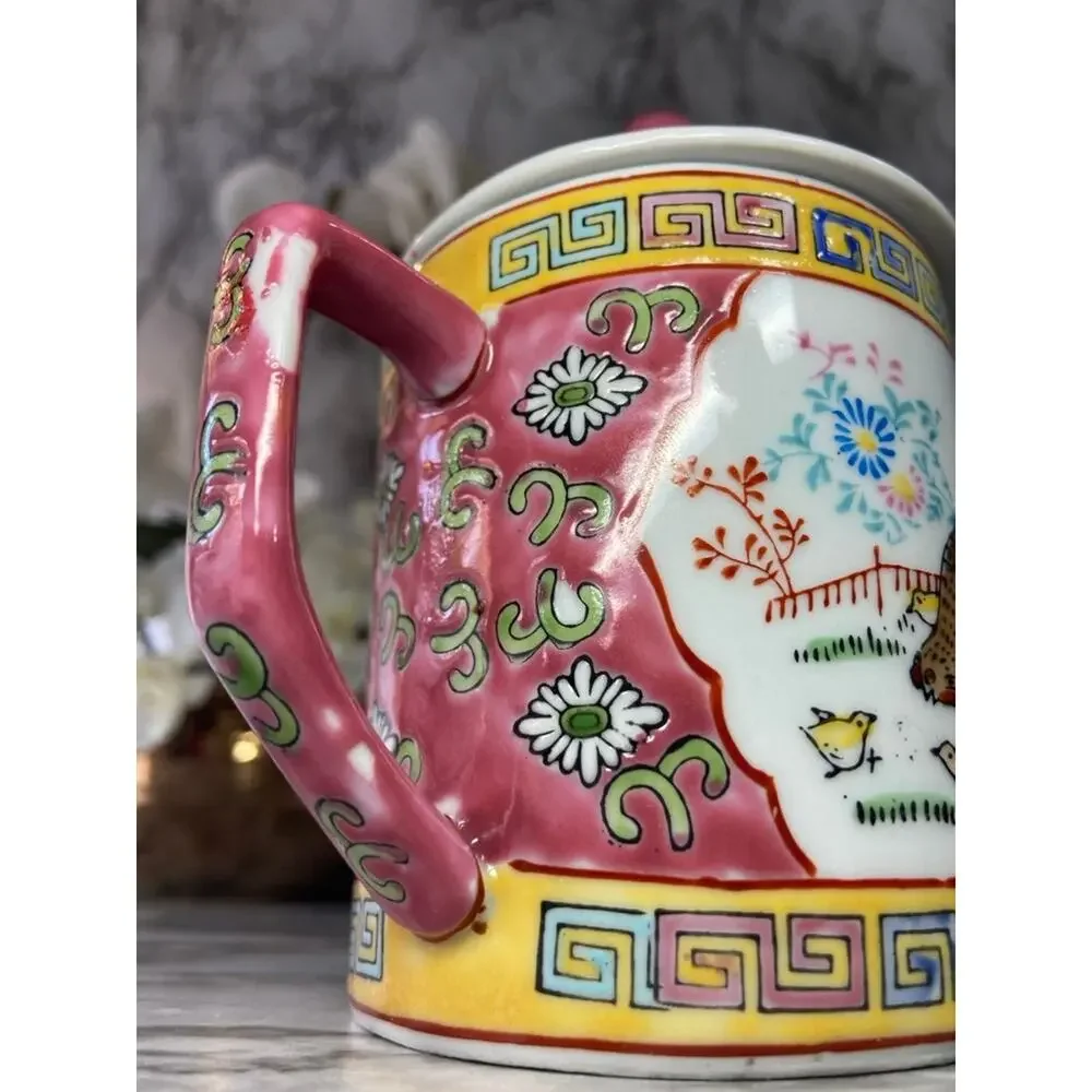 Vintage Pink Chinese Hand Painted Mug with Lid
